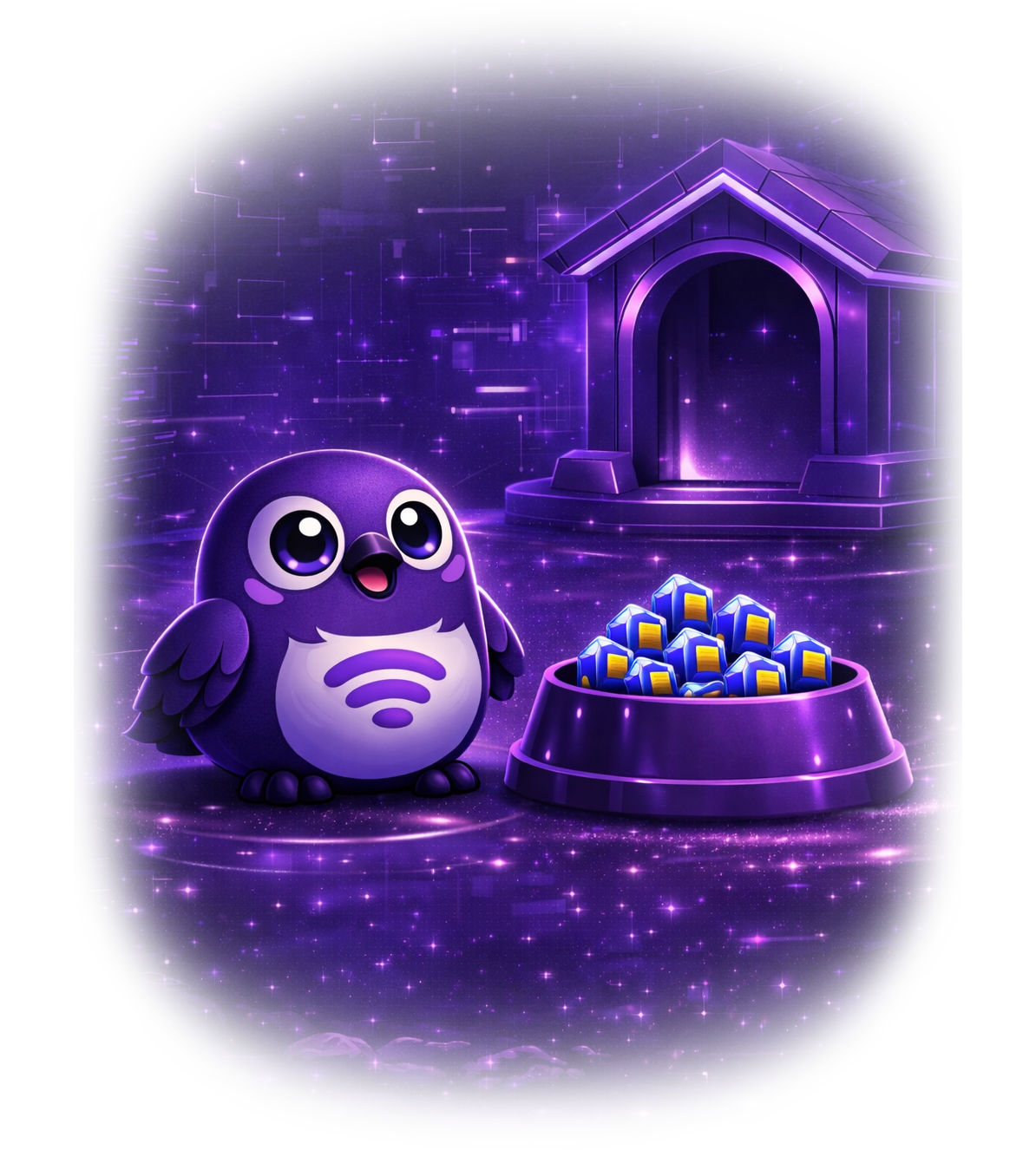 Bappy purple bird mascot — eSIM Reseller API with data bowl and cosmic doghouse